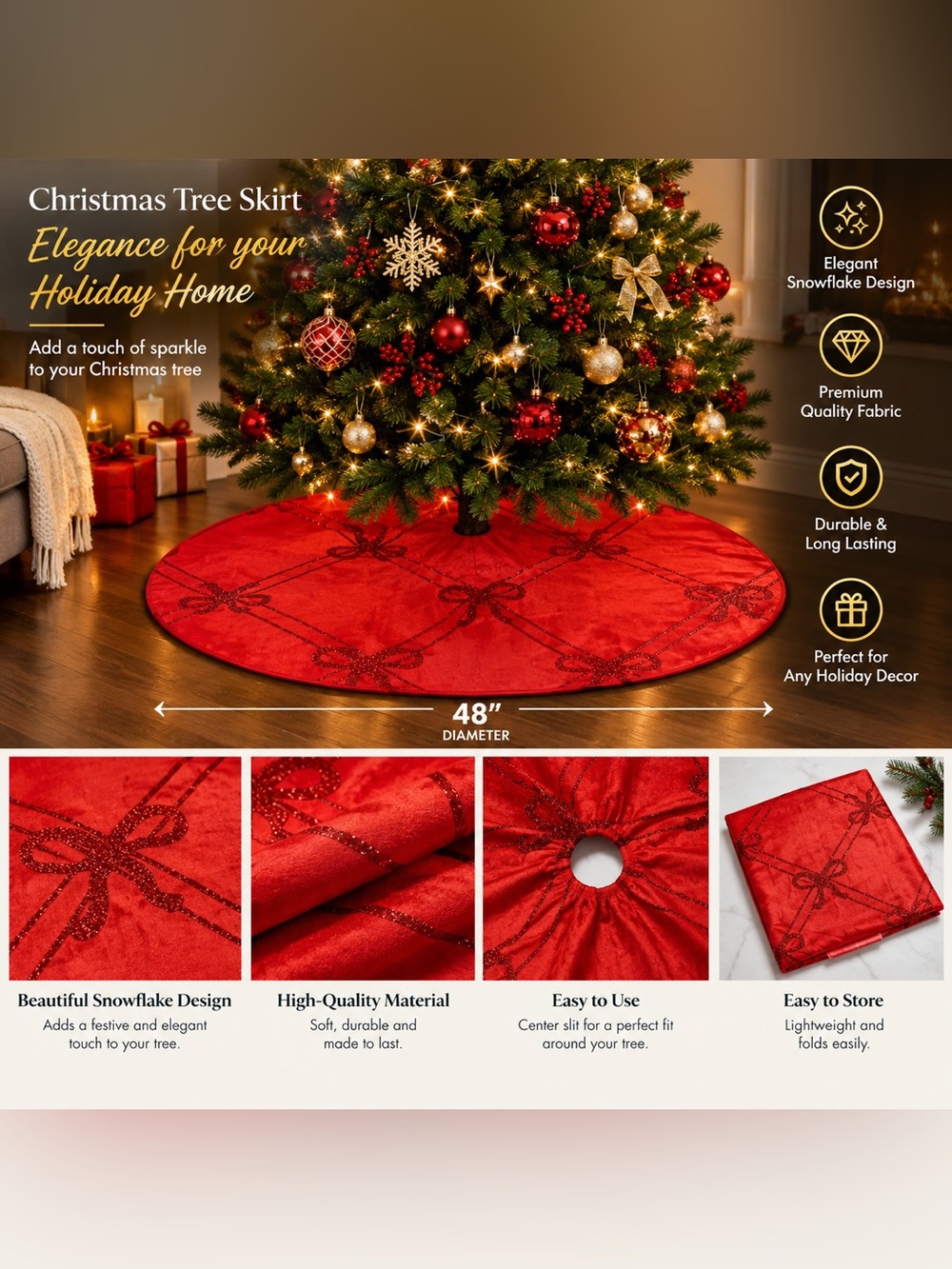Christmas Tree Skirt 48 in Round Red Durable Easy Store